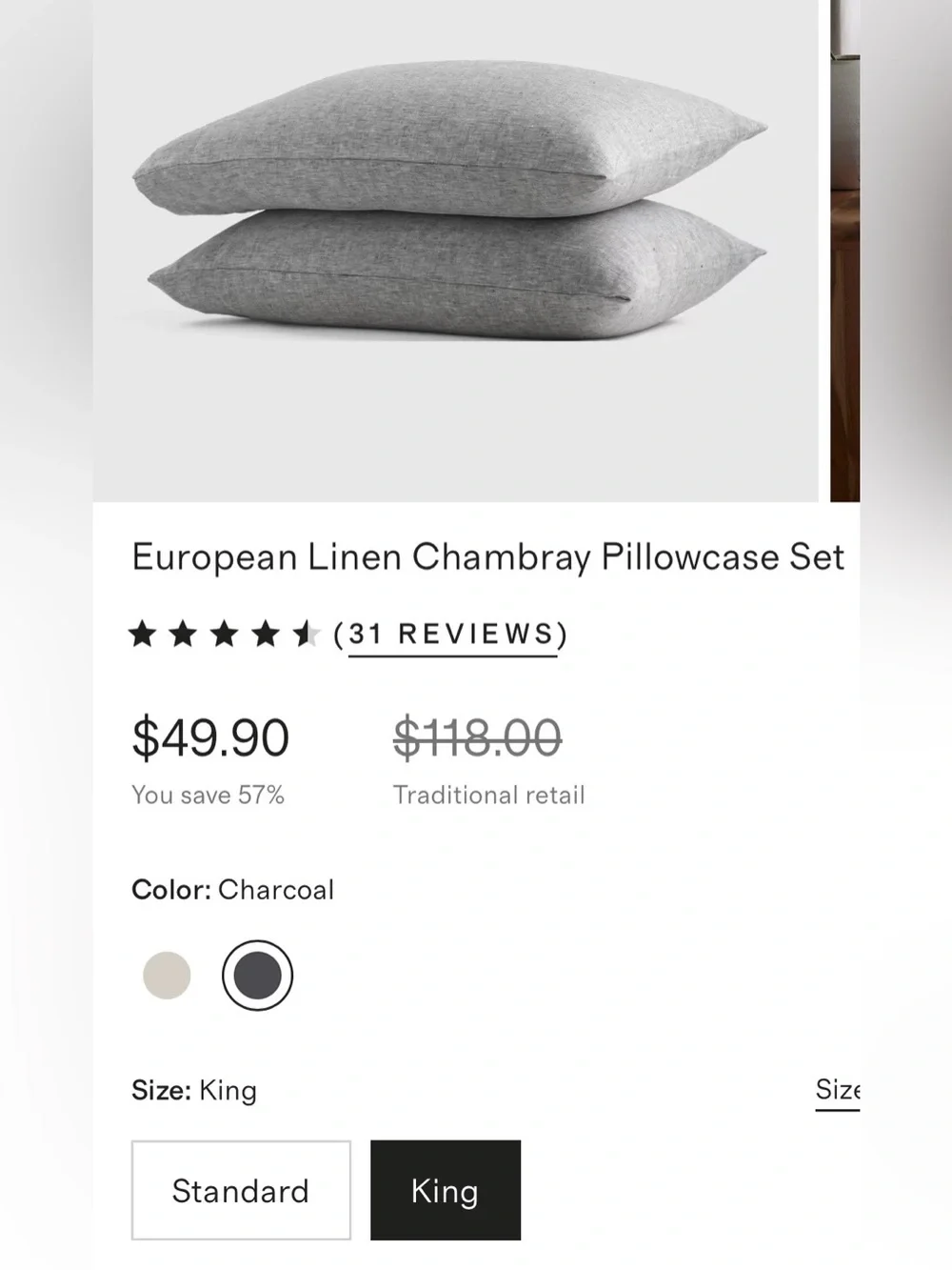 Quince European Linen Chambray Pillowcase Set, King (Charcoal)